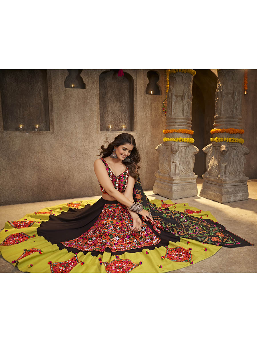Myra Black Viscose Rayon and Cotton Embroidered with Print Designer Lehenga