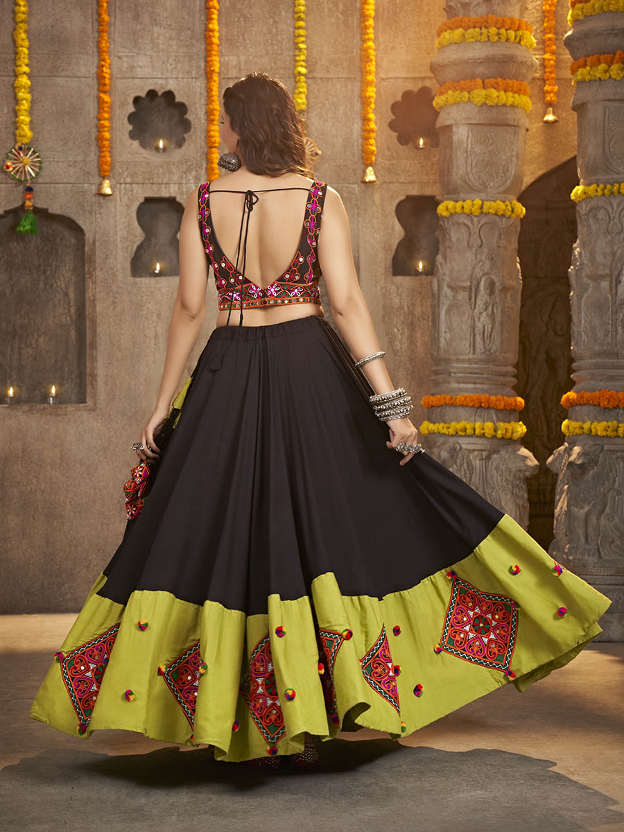 Myra Black Viscose Rayon and Cotton Embroidered with Print Designer Lehenga