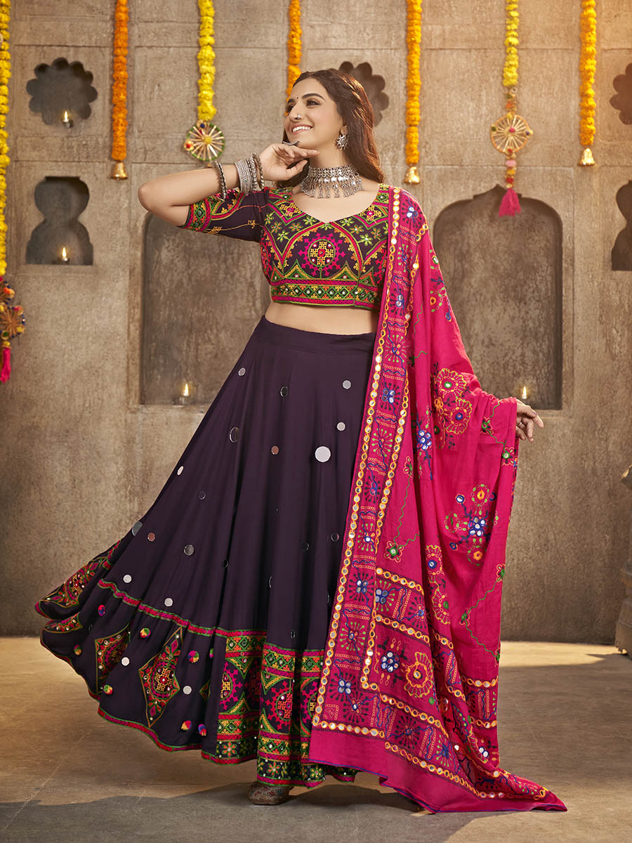 Myra Purple Viscose Rayon and Cotton Embroidered with Print Designer Lehenga