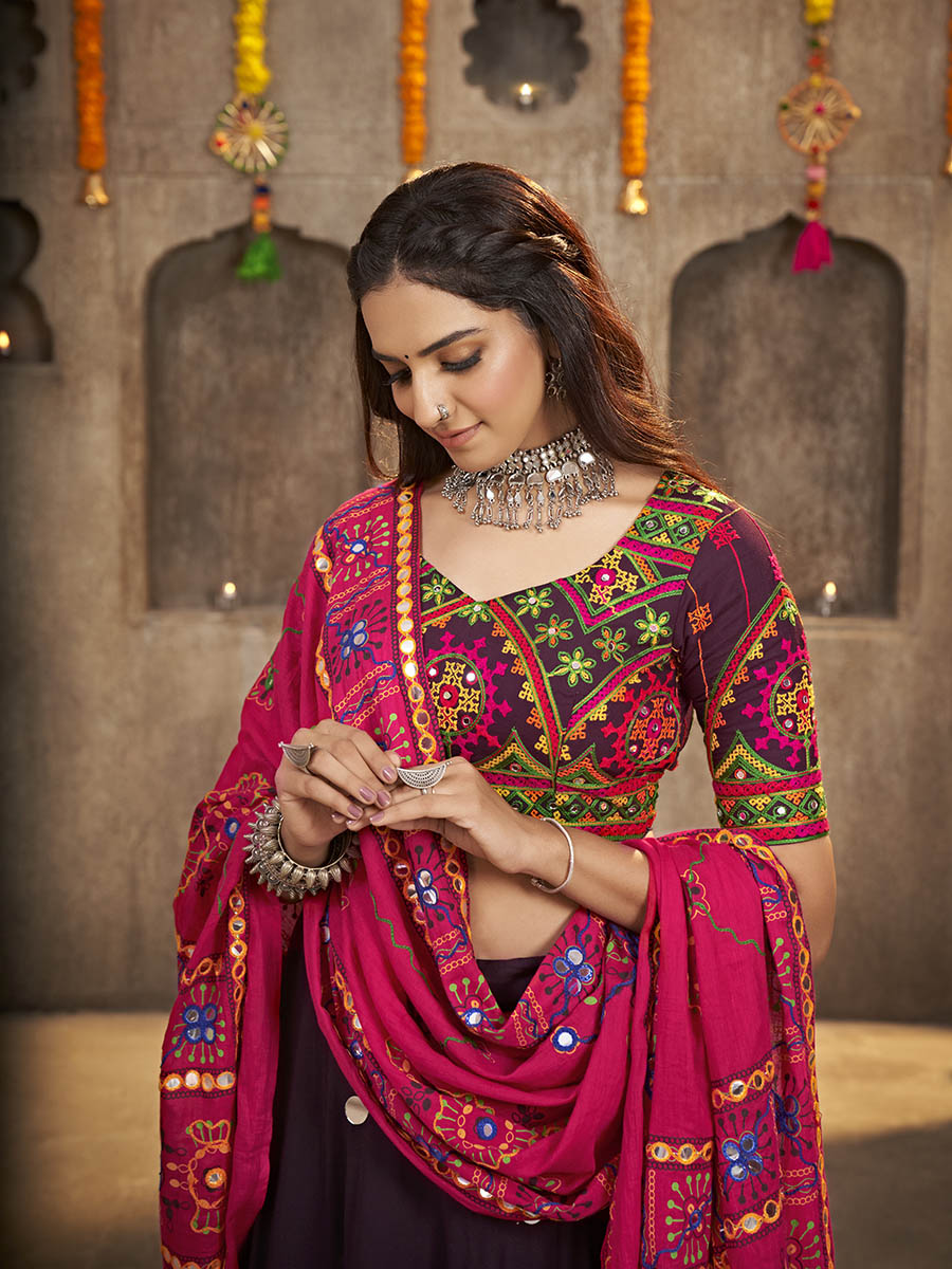 Myra Purple Viscose Rayon and Cotton Embroidered with Print Designer Lehenga