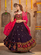 Myra Purple Viscose Rayon and Cotton Embroidered with Print Designer Lehenga