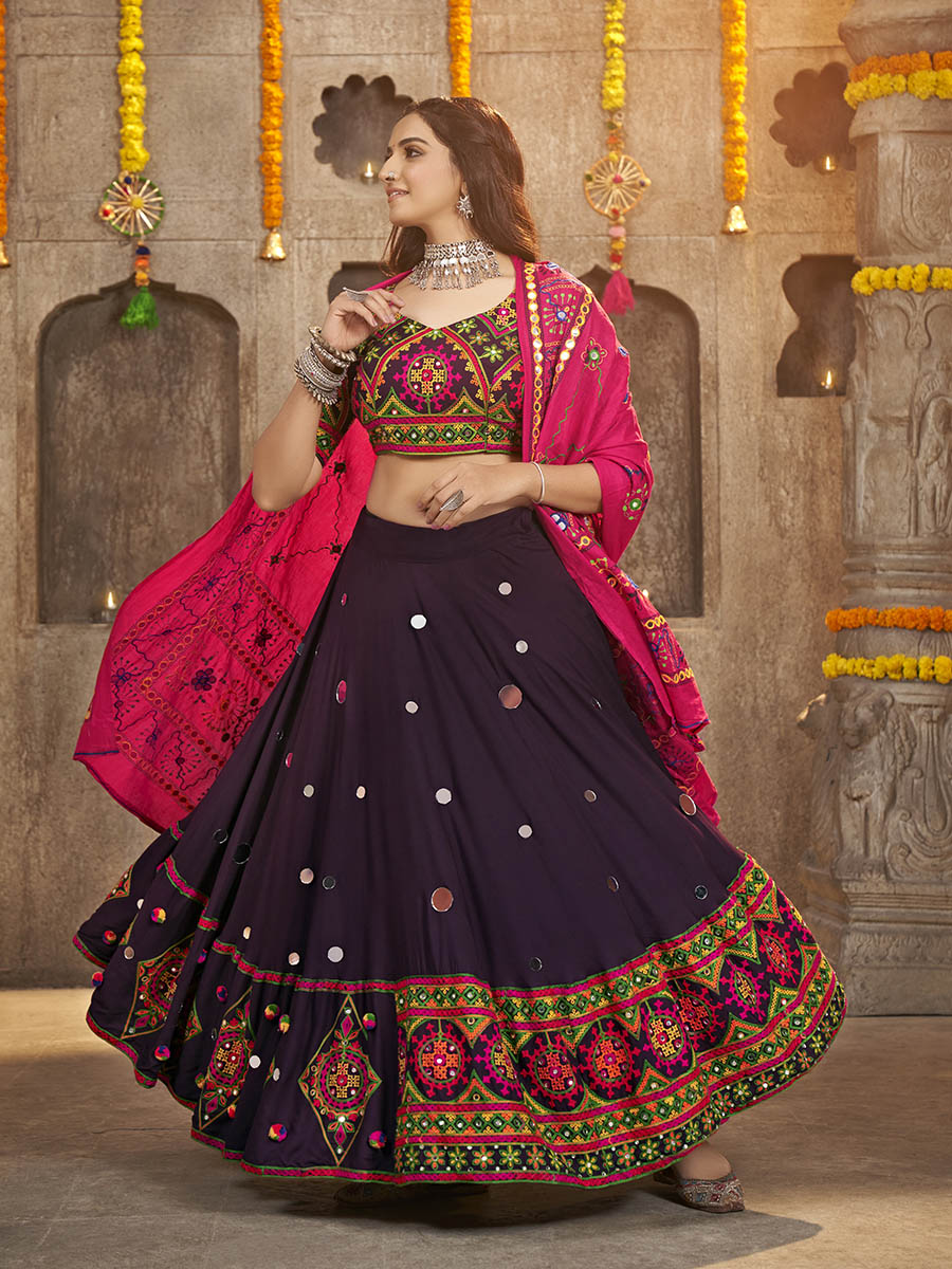Myra Purple Viscose Rayon and Cotton Embroidered with Print Designer Lehenga