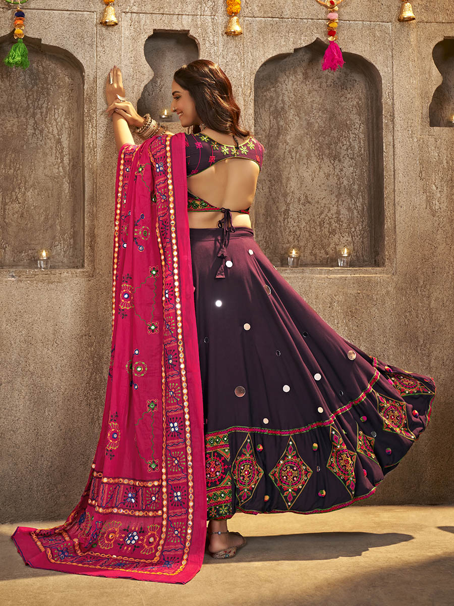Myra Purple Viscose Rayon and Cotton Embroidered with Print Designer Lehenga