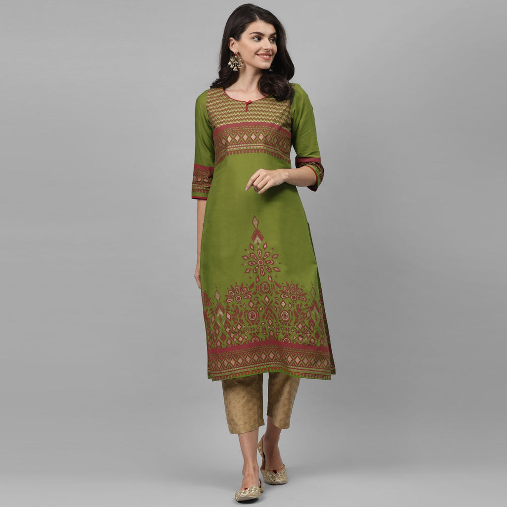 Maai Rayon Hand Printed Kurta Green - Distacart