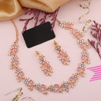 Tehzeeb Creations Rose Gold Pleated White Diamond With Lavender Beads Necklace Set