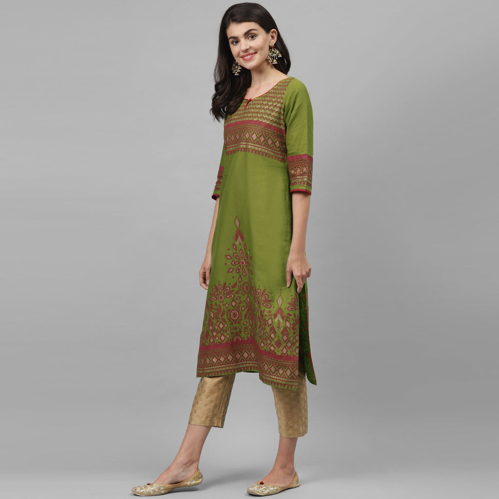 Maai Rayon Hand Printed Kurta Green - Distacart