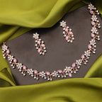 Tehzeeb Creations Rose Gold Pleated White Diamond With Lavender Beads Necklace Set
