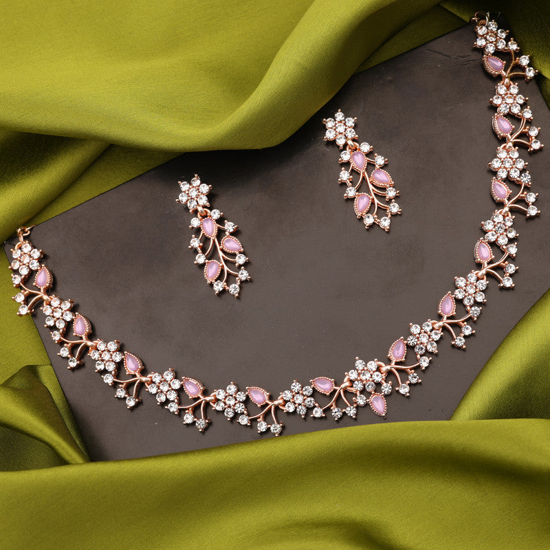 Tehzeeb Creations Rose Gold Pleated White Diamond With Lavender Beads Necklace Set