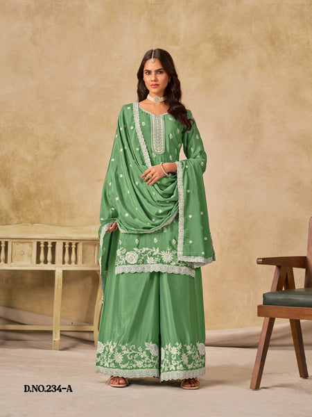 Anaita Green Heavy Chinon Palazzo Suit With Embroidery Work