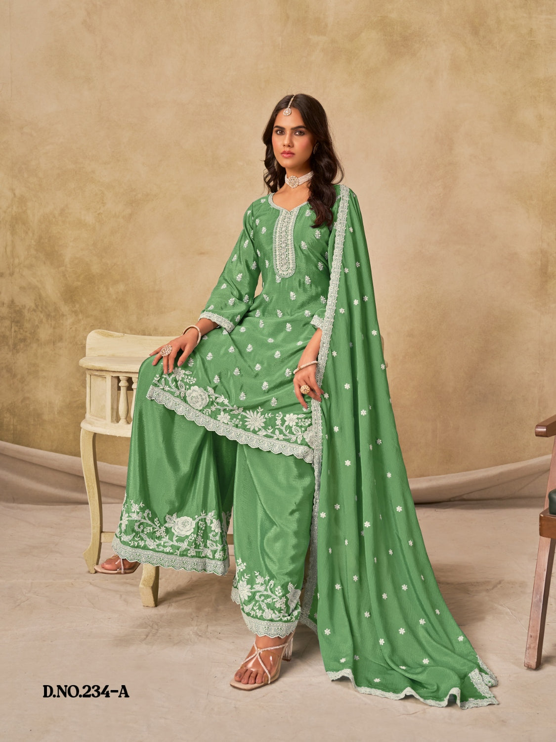 Anaita Green Heavy Chinon Palazzo Suit With Embroidery Work - Distacart