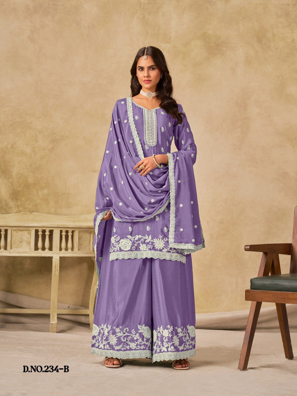 Anaita Lavender Heavy Chinon Palazzo Suit With Embroidery Work - Distacart