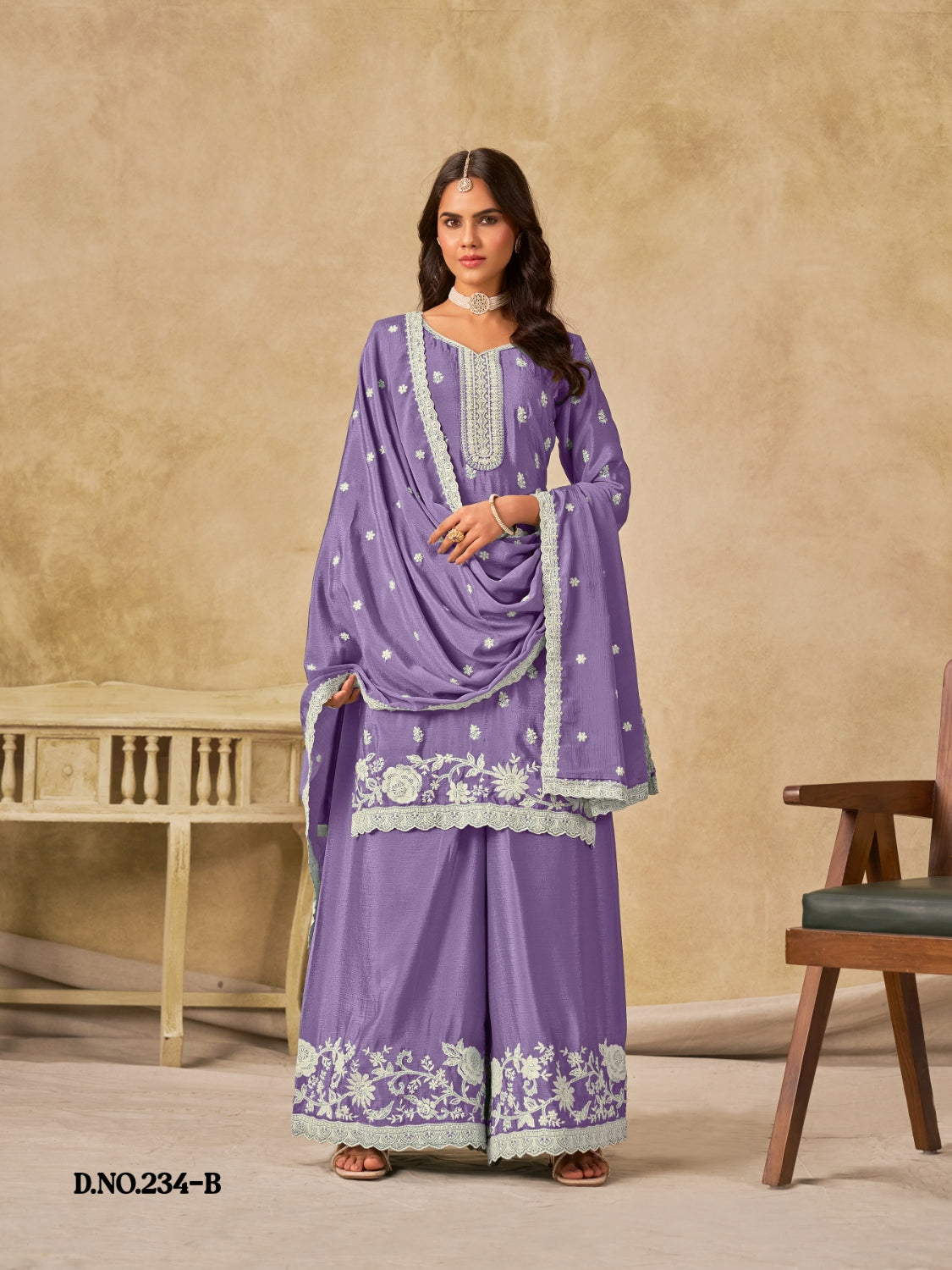 Anaita Lavender Heavy Chinon Palazzo Suit With Embroidery Work - Distacart