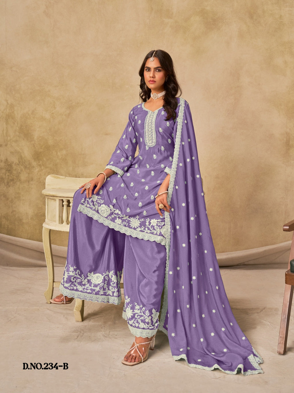 Anaita Lavender Heavy Chinon Palazzo Suit With Embroidery Work - Distacart