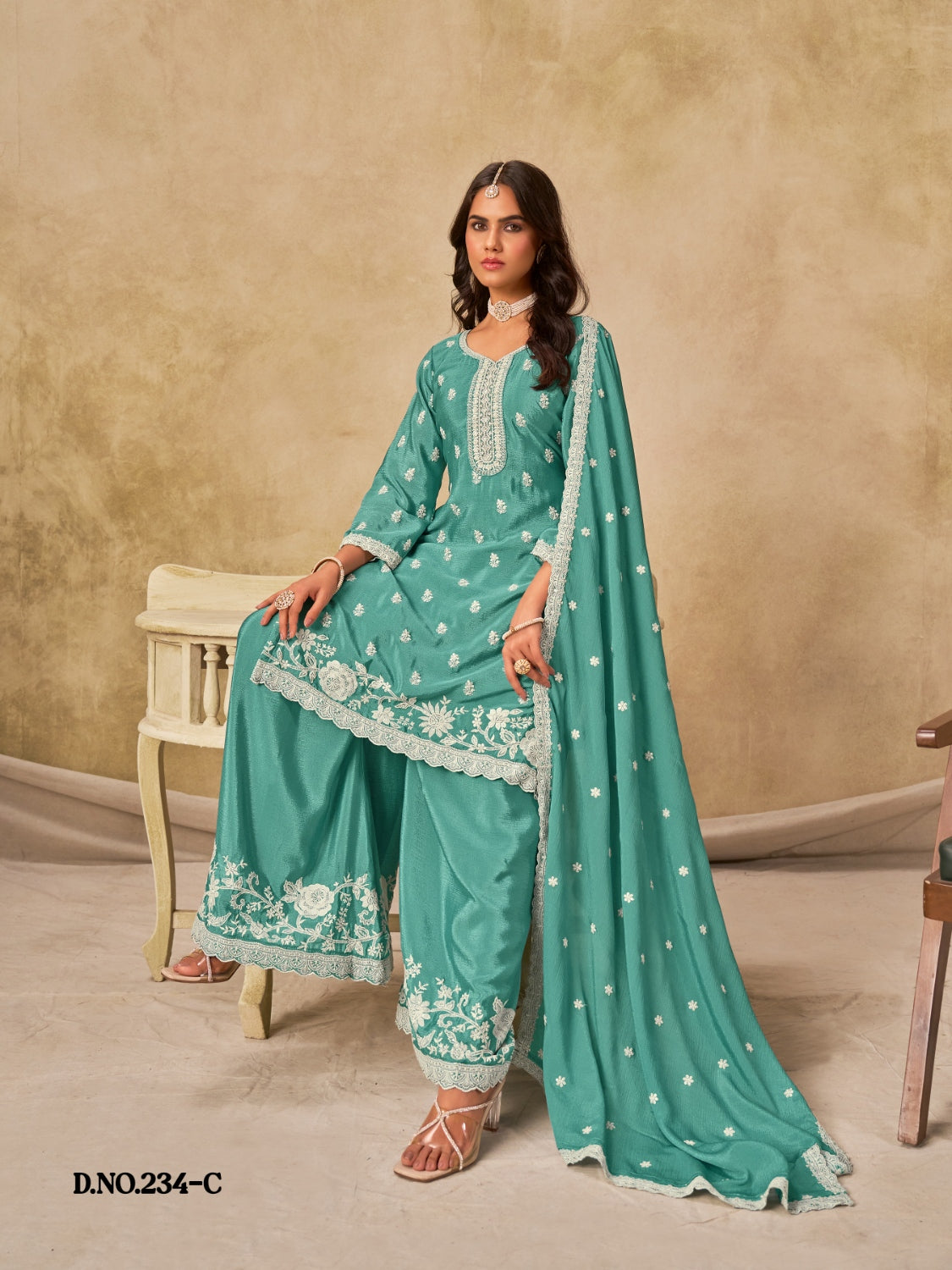 Anaita Sky Blue Heavy Chinon Palazzo Suit With Embroidery Work - Distacart