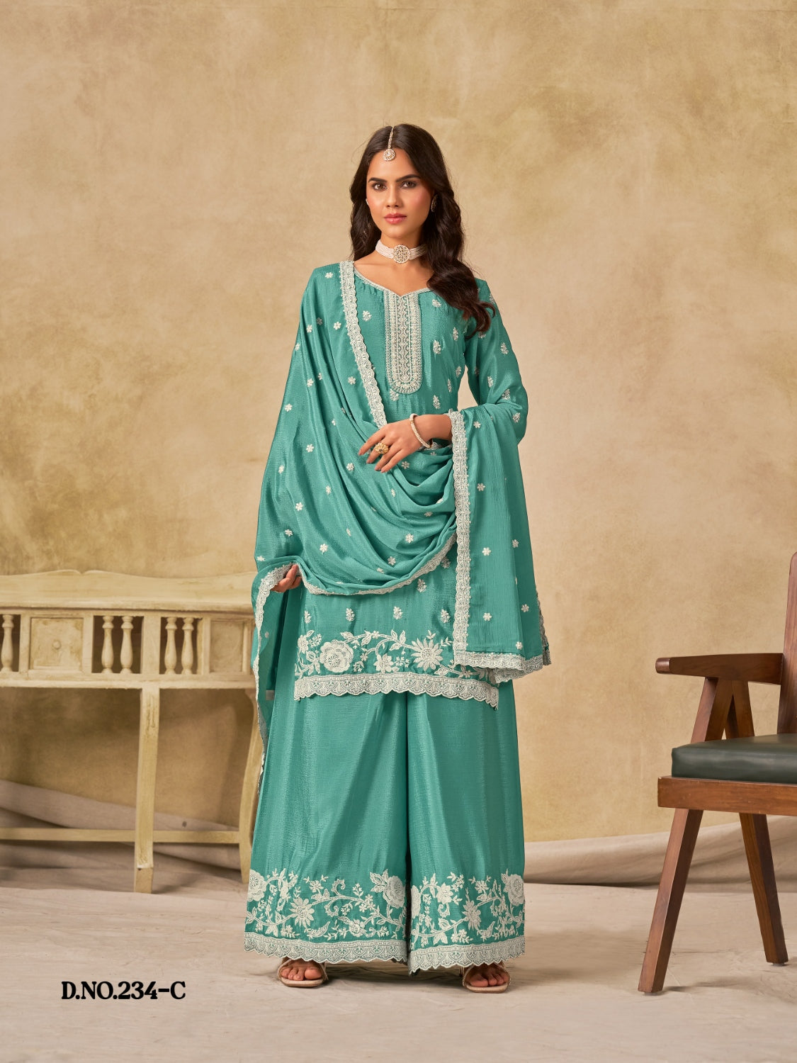 Anaita Sky Blue Heavy Chinon Palazzo Suit With Embroidery Work - Distacart