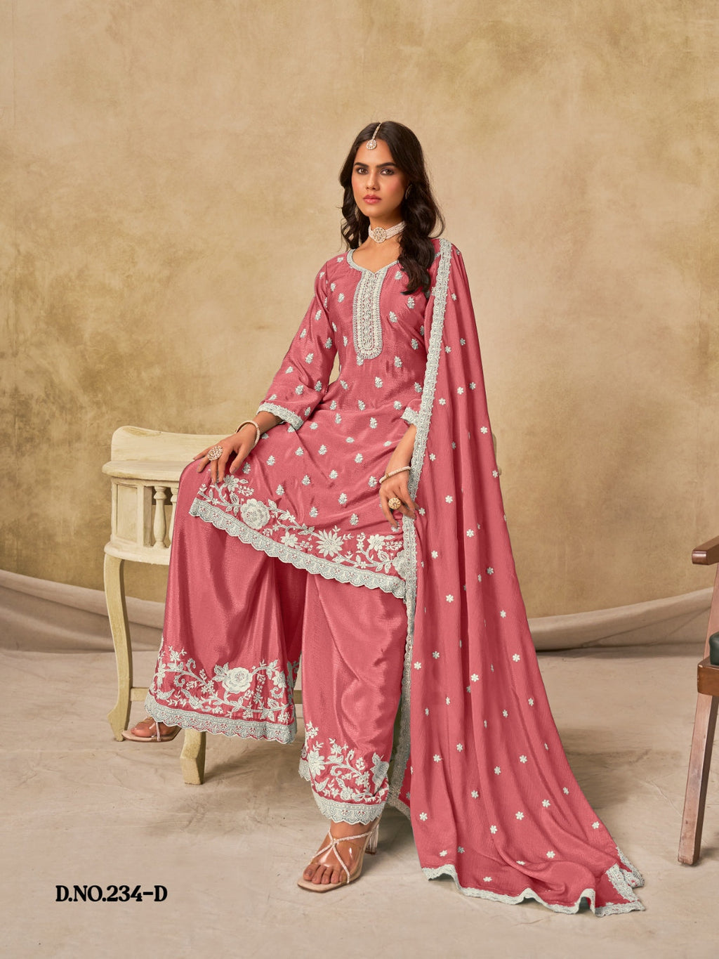 Anaita Peach Heavy Chinon Palazzo Suit With Embroidery Work - Distacart