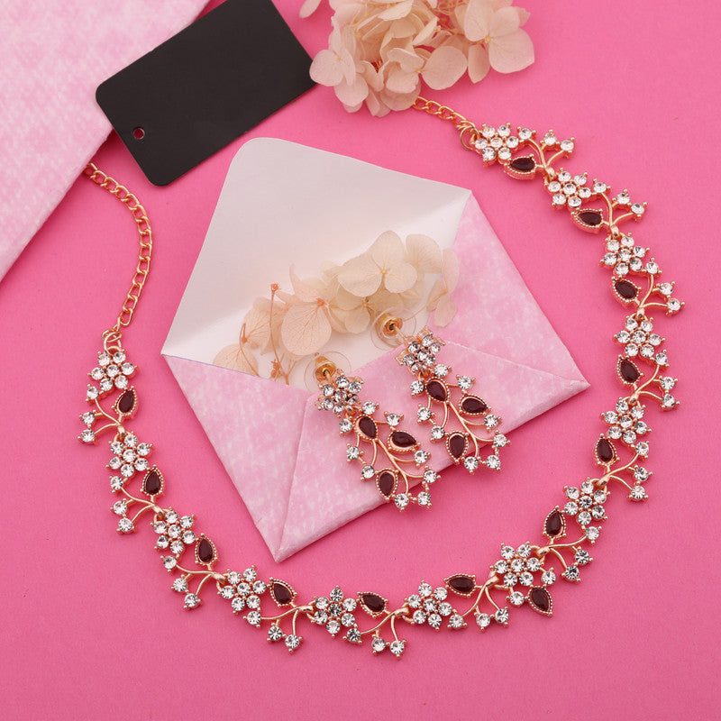 Tehzeeb Creations Rose Gold Pleated White Diamond With Maroon Beads Necklace Set