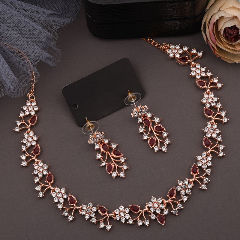 Tehzeeb Creations Rose Gold Pleated White Diamond With Maroon Beads Necklace Set