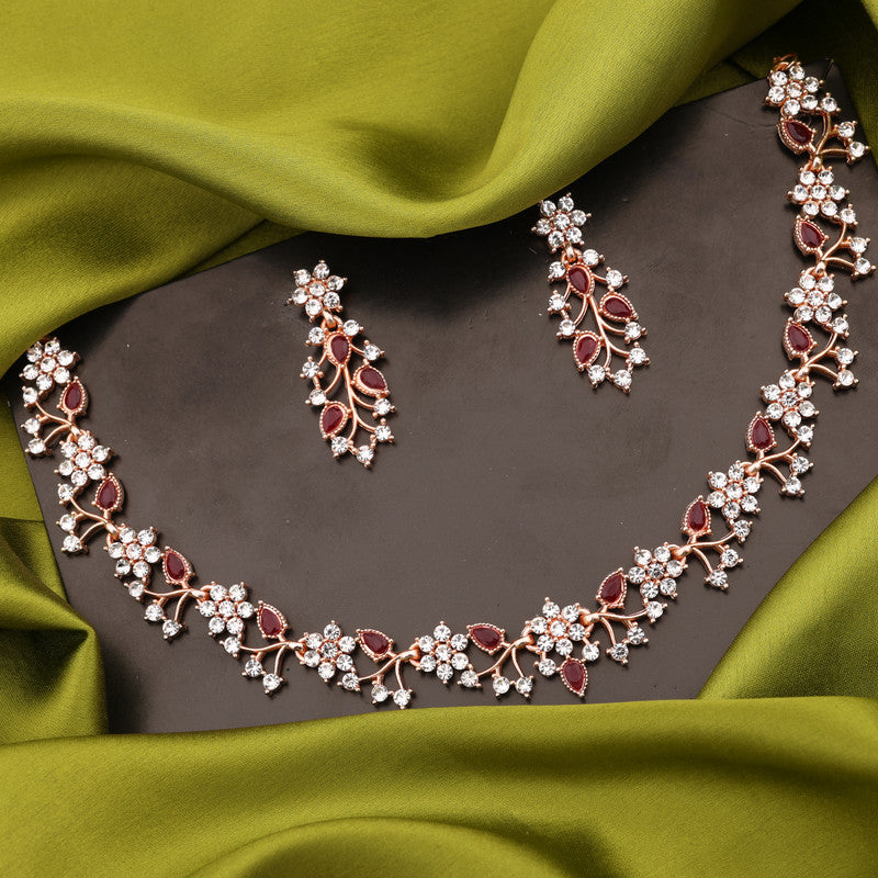 Tehzeeb Creations Rose Gold Pleated White Diamond With Maroon Beads Necklace Set