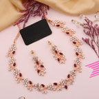 Tehzeeb Creations Rose Gold Pleated White Diamond With Maroon Beads Necklace Set