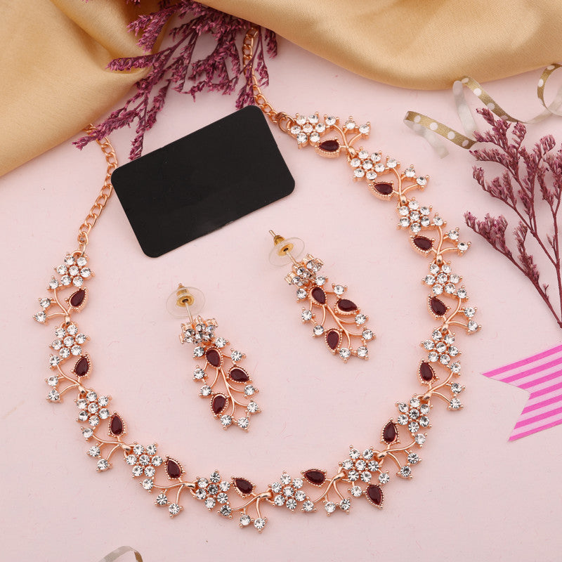 Tehzeeb Creations Rose Gold Pleated White Diamond With Maroon Beads Necklace Set