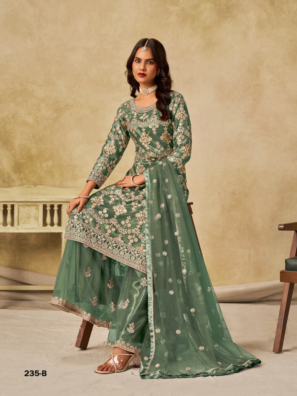 Anaita Green Heavy Net Suit With Embroidery Work - Distacart