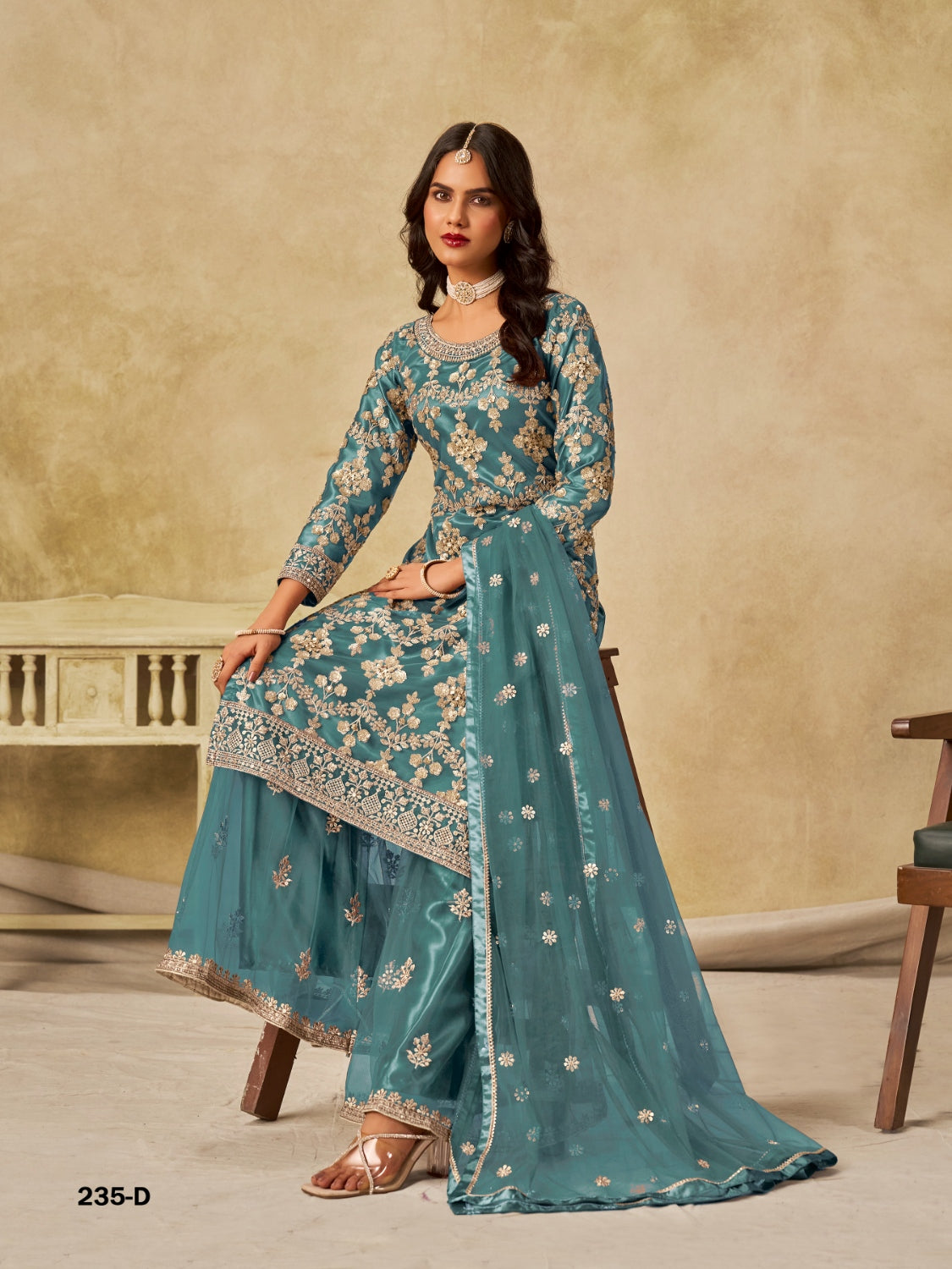 Anaita Teal Blue Heavy Net Suit With Embroidery Work - Distacart