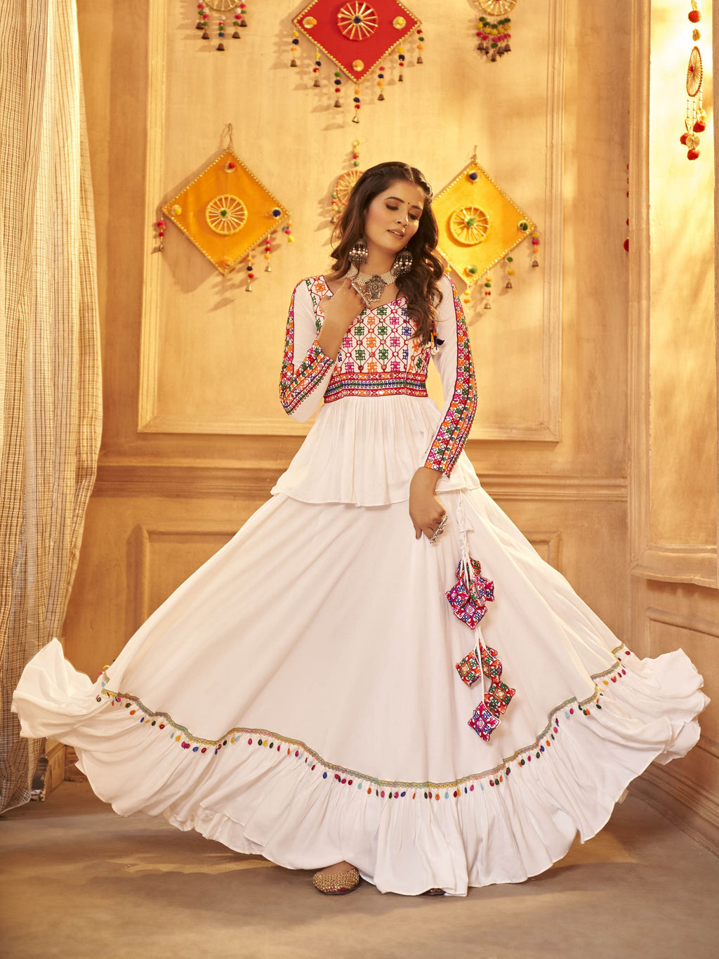 Myra White Viscose Rayon Embroidered Designer Navratri Special Lehenga