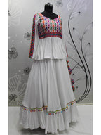 Myra White Viscose Rayon Embroidered Designer Navratri Special Lehenga
