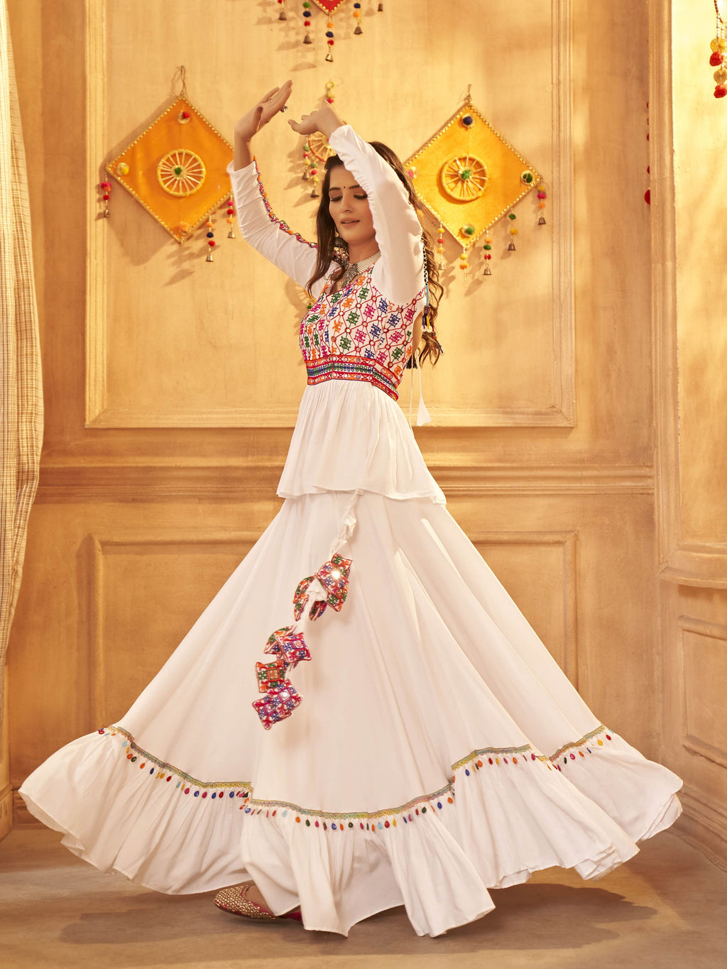 Myra White Viscose Rayon Embroidered Designer Navratri Special Lehenga