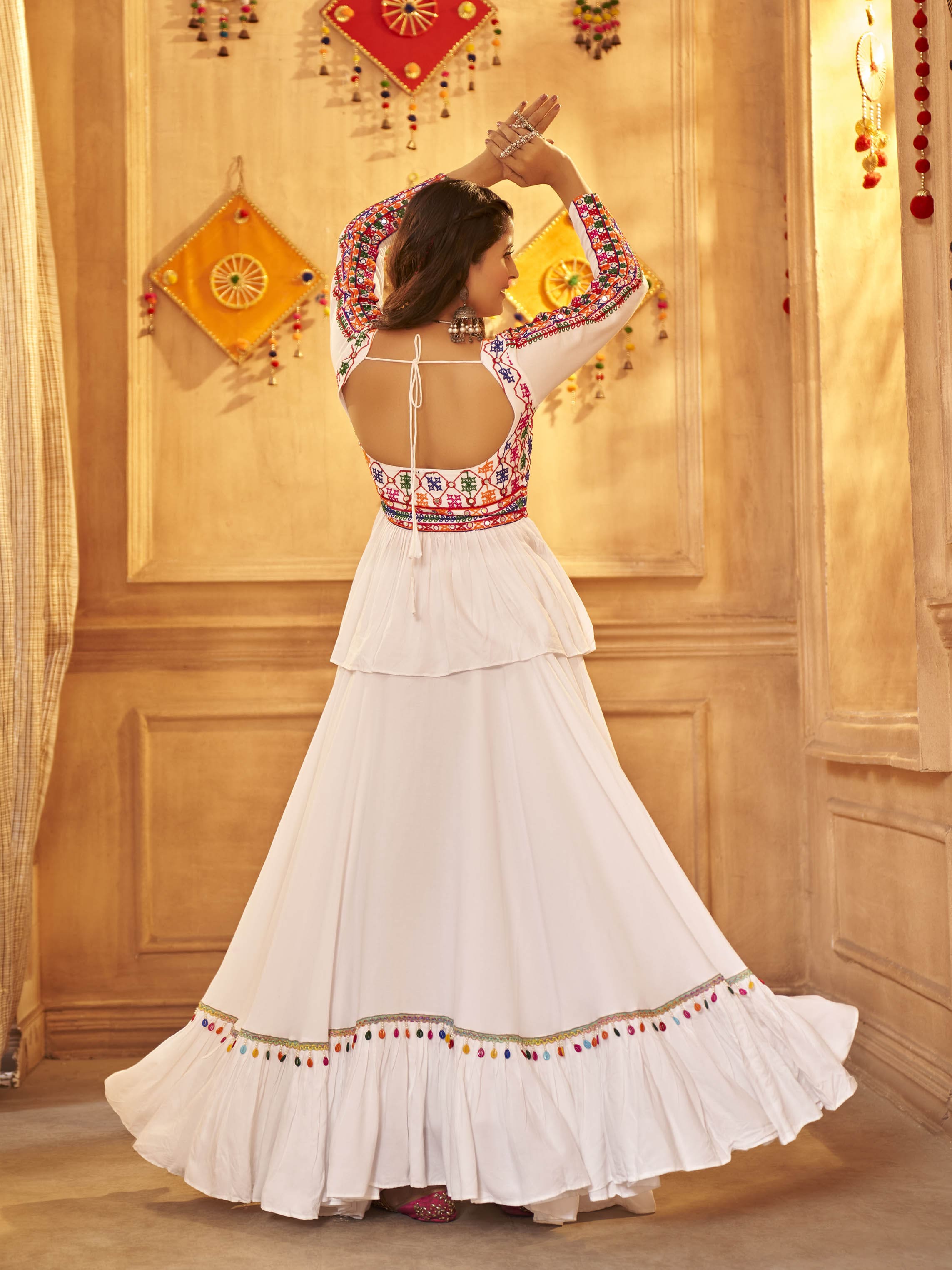 Myra White Viscose Rayon Embroidered Designer Navratri Special Lehenga