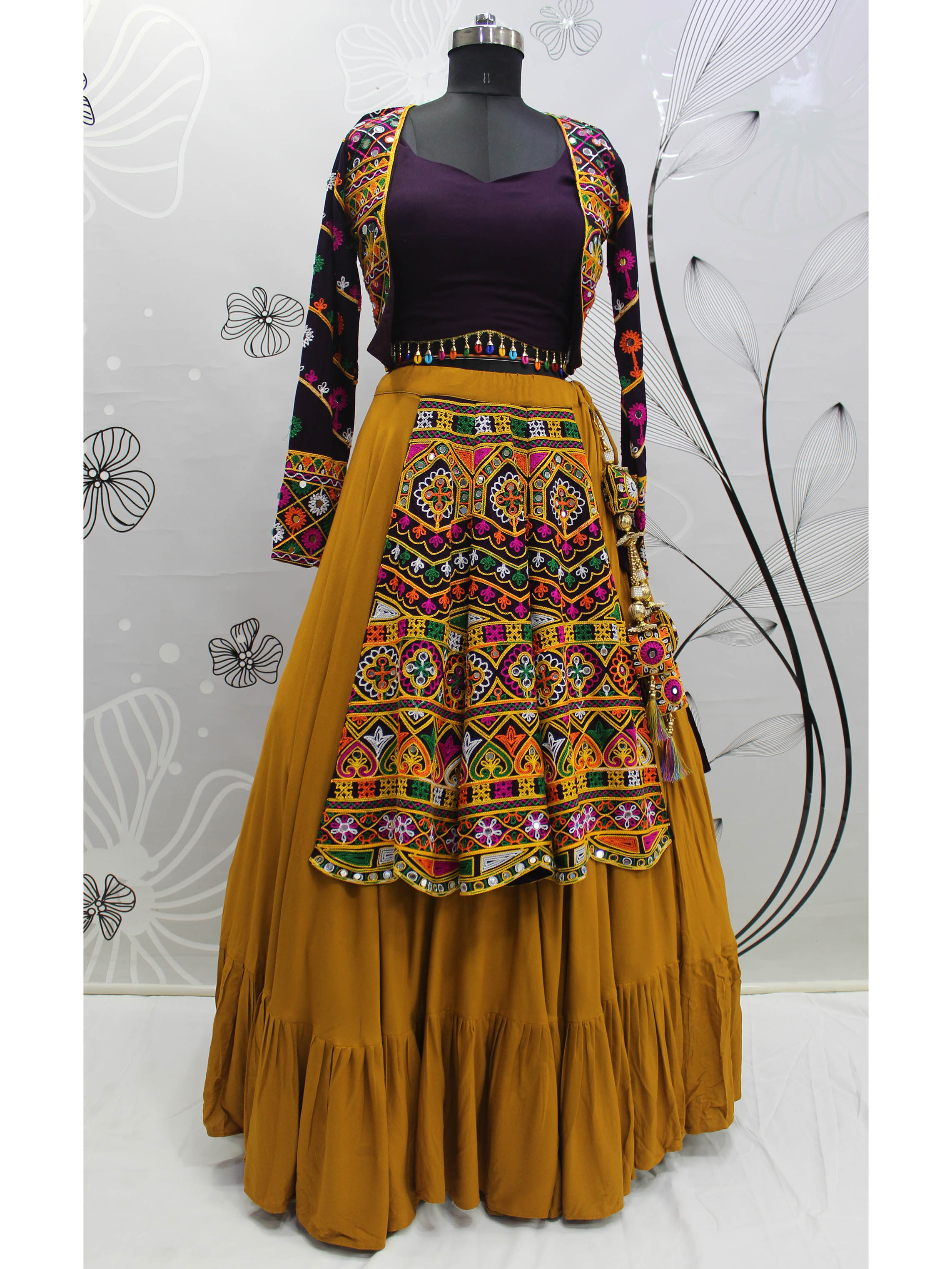 Myra Mustard Yellow Koti Style Viscose Rayon Embroidered Designer Navratri Special Lehenga