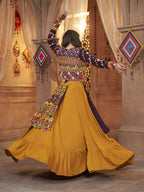Myra Mustard Yellow Koti Style Viscose Rayon Embroidered Designer Navratri Special Lehenga