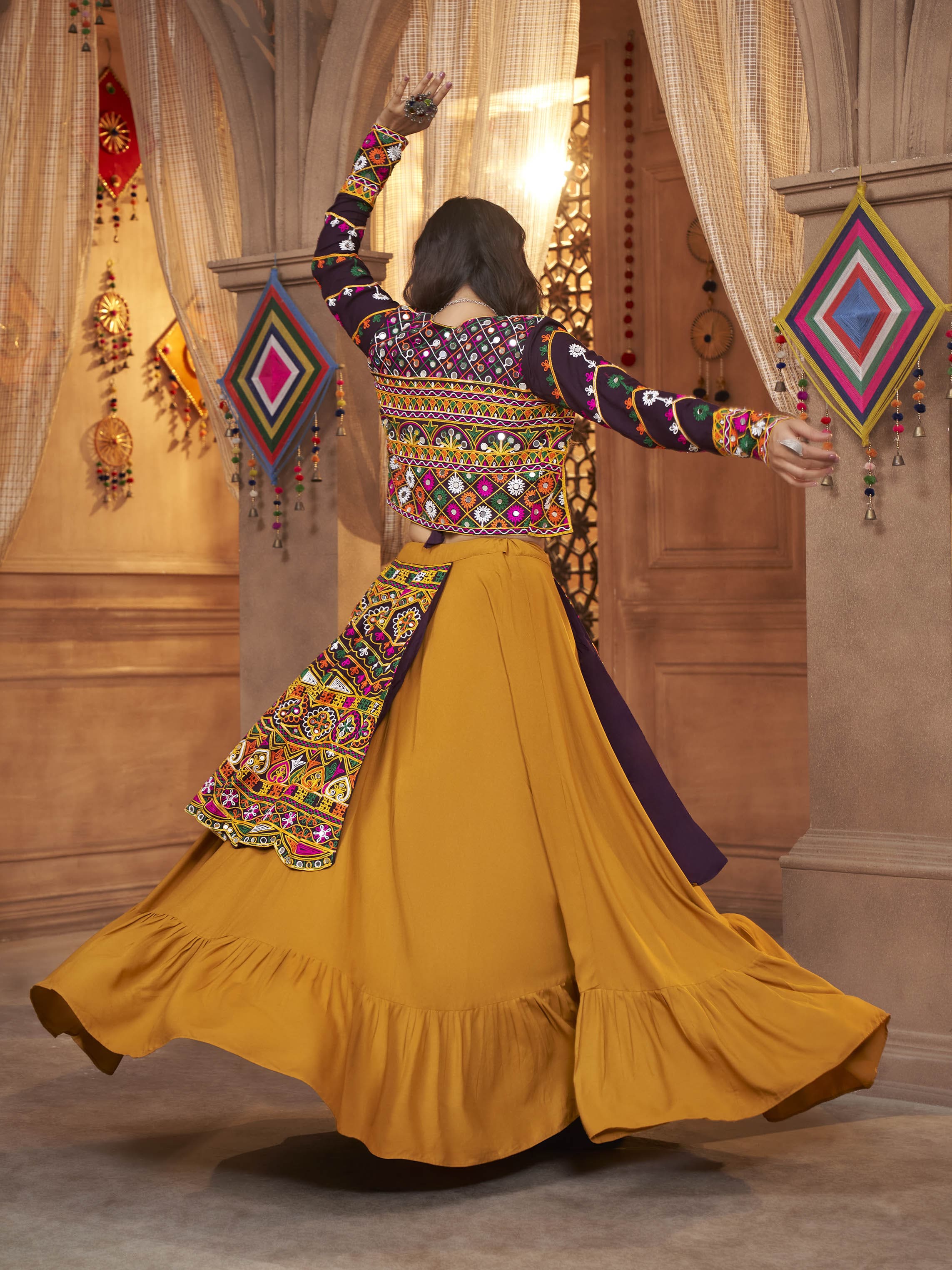 Myra Mustard Yellow Koti Style Viscose Rayon Embroidered Designer Navratri Special Lehenga