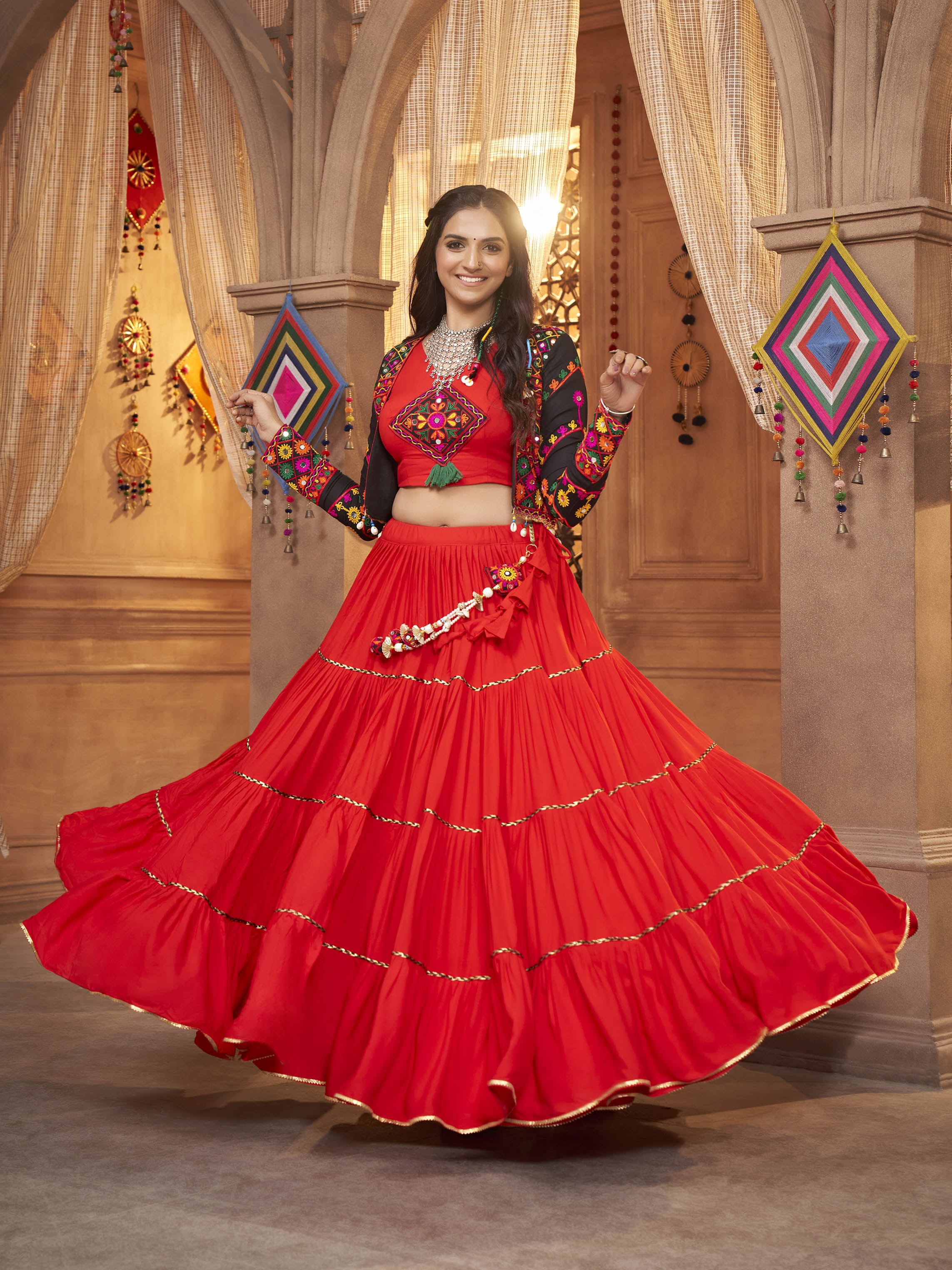Myra Red Viscose Rayon Embroidered Designer Navratri Special Lehenga