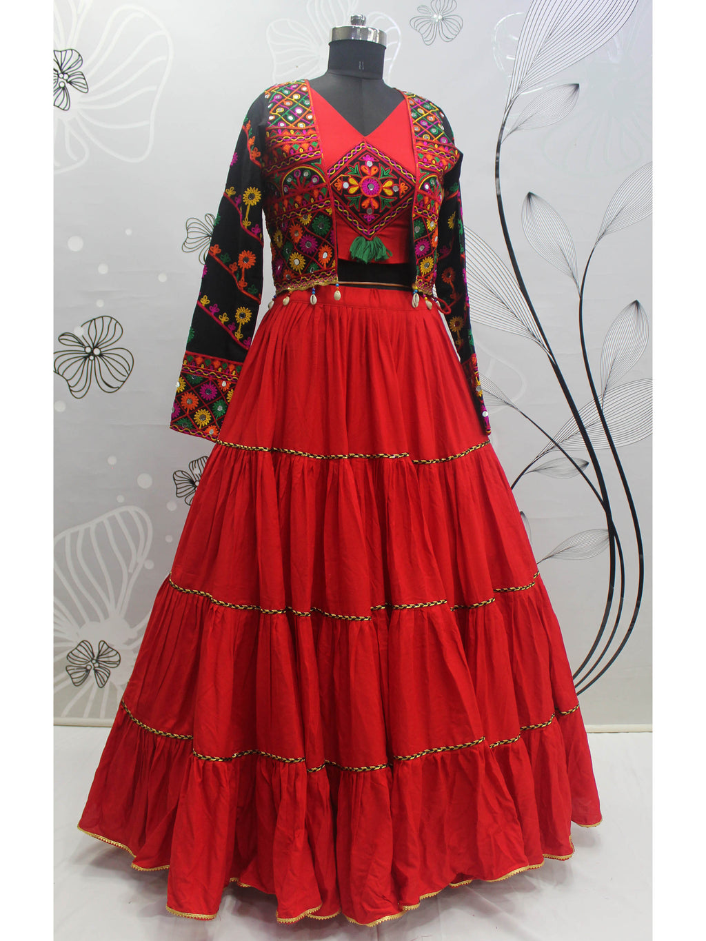 Myra Red Viscose Rayon Embroidered Designer Navratri Special Lehenga