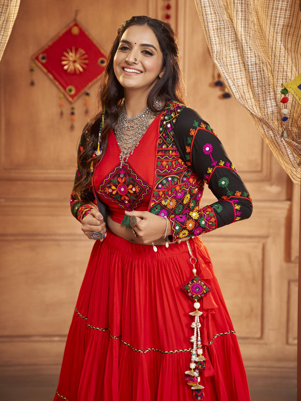 Myra Red Viscose Rayon Embroidered Designer Navratri Special Lehenga
