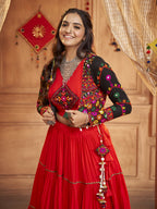Myra Red Viscose Rayon Embroidered Designer Navratri Special Lehenga