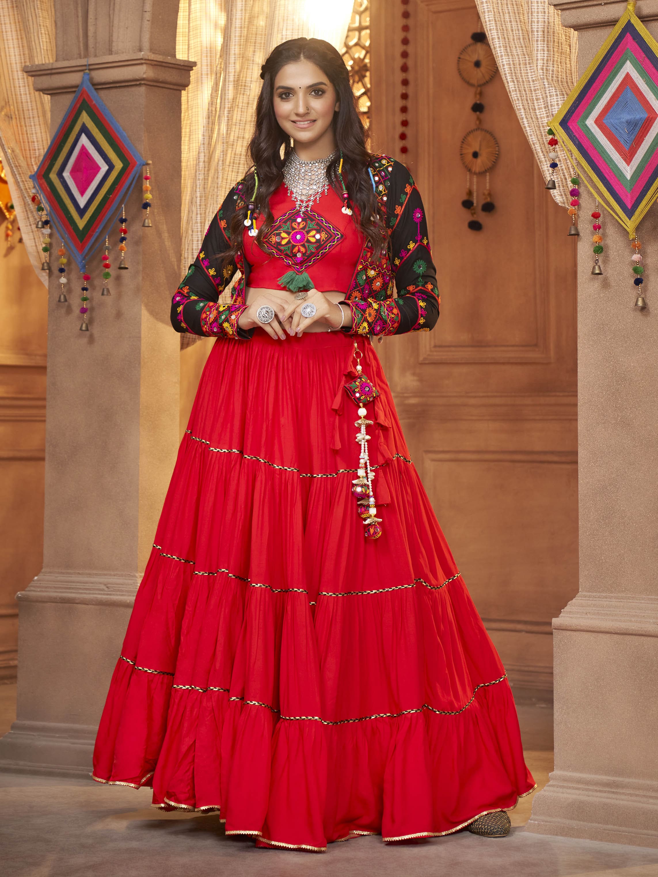 Myra Red Viscose Rayon Embroidered Designer Navratri Special Lehenga