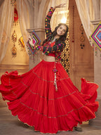 Myra Red Viscose Rayon Embroidered Designer Navratri Special Lehenga