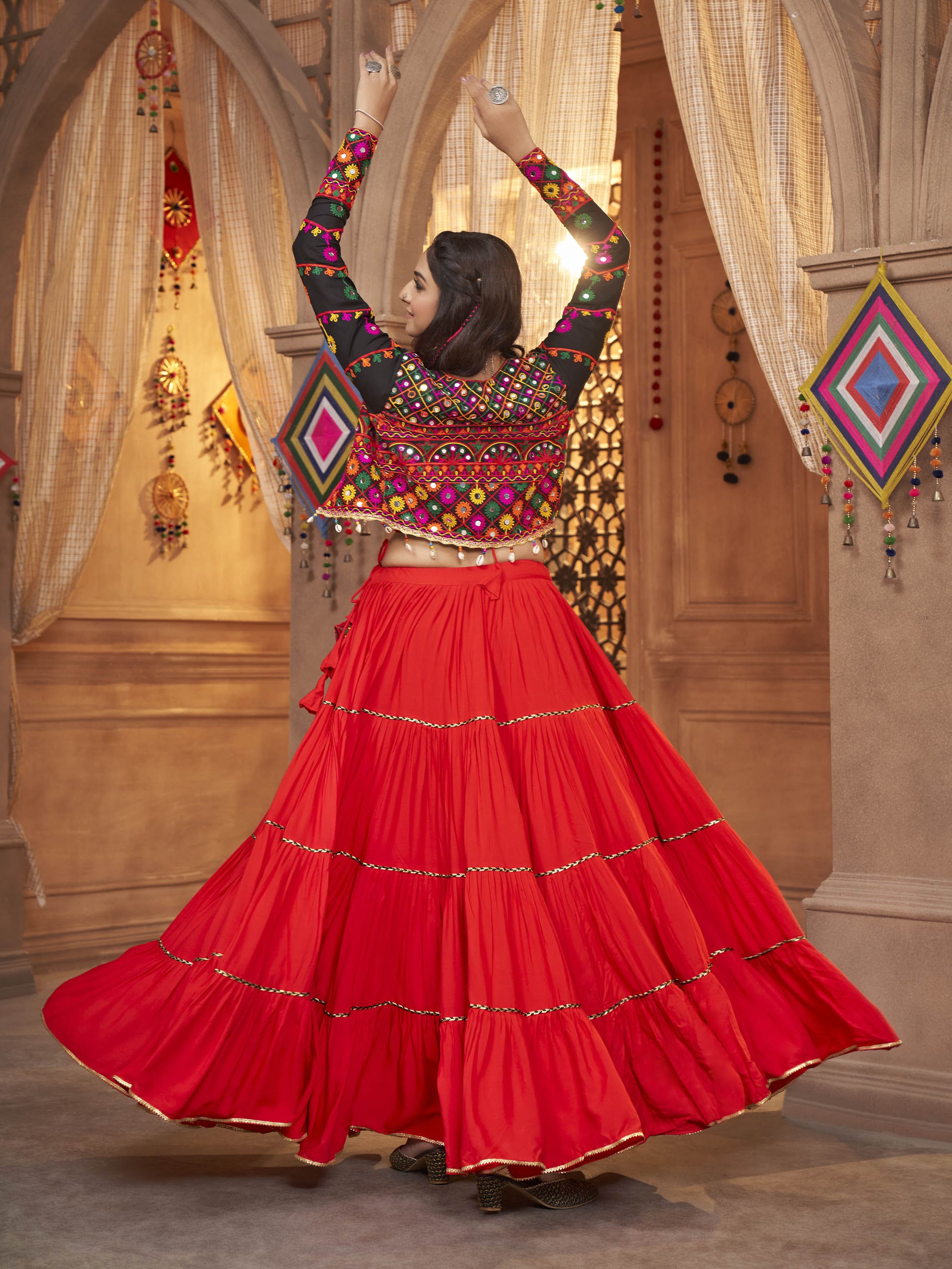 Myra Red Viscose Rayon Embroidered Designer Navratri Special Lehenga