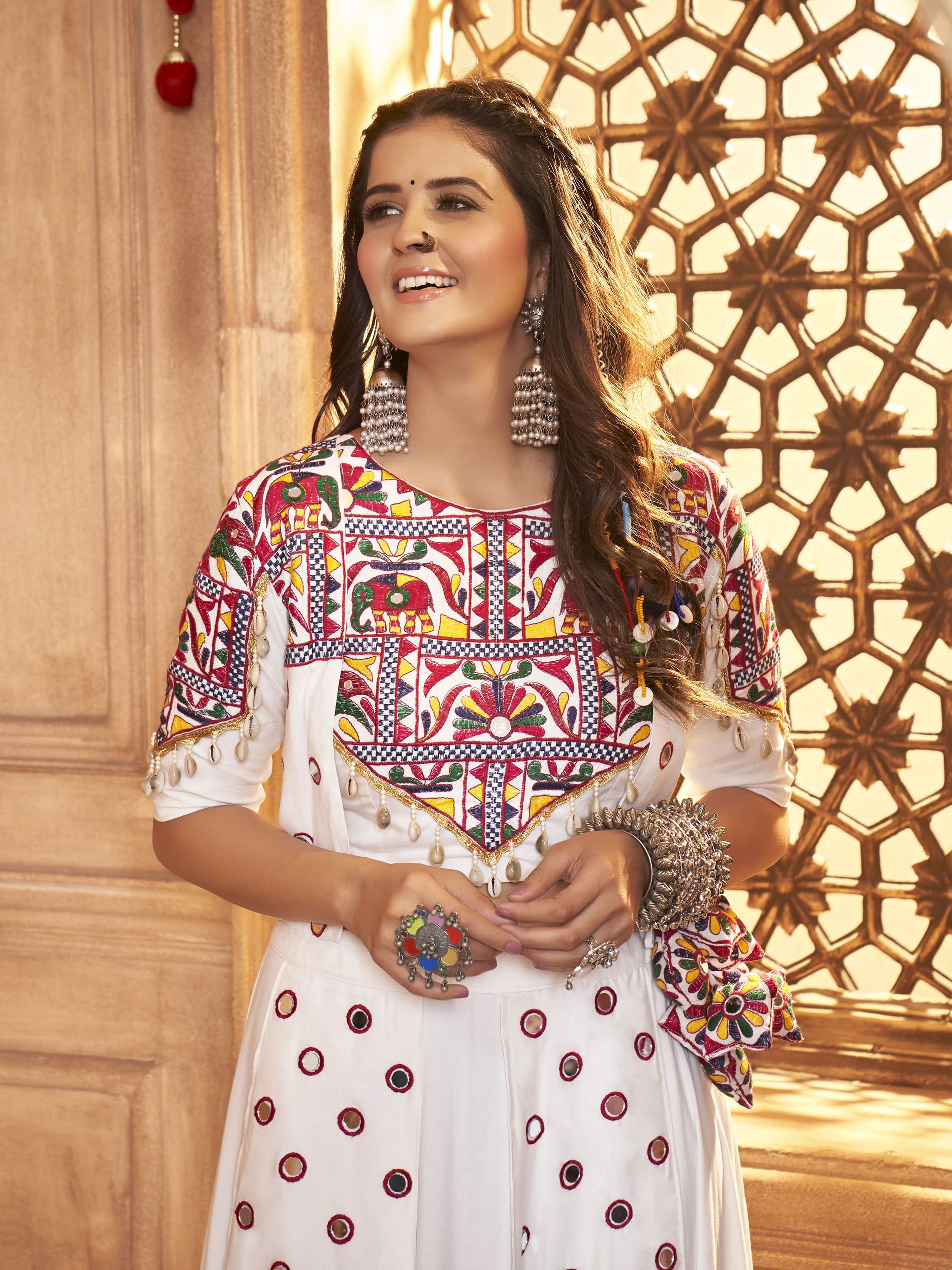Myra White Koti Style Viscose Rayon Embroidered Designer Navratri Special Lehenga