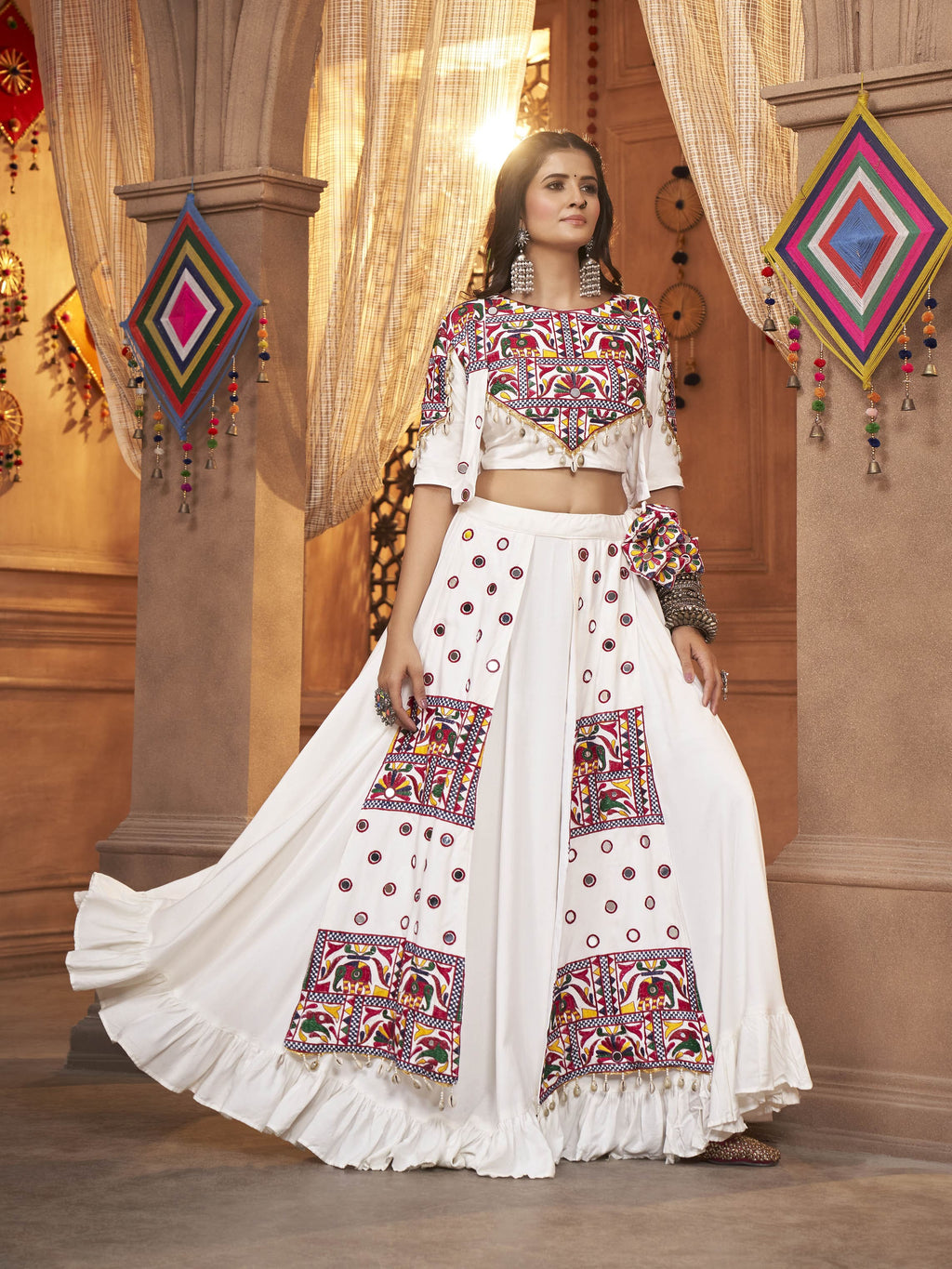 Myra White Koti Style Viscose Rayon Embroidered Designer Navratri Special Lehenga