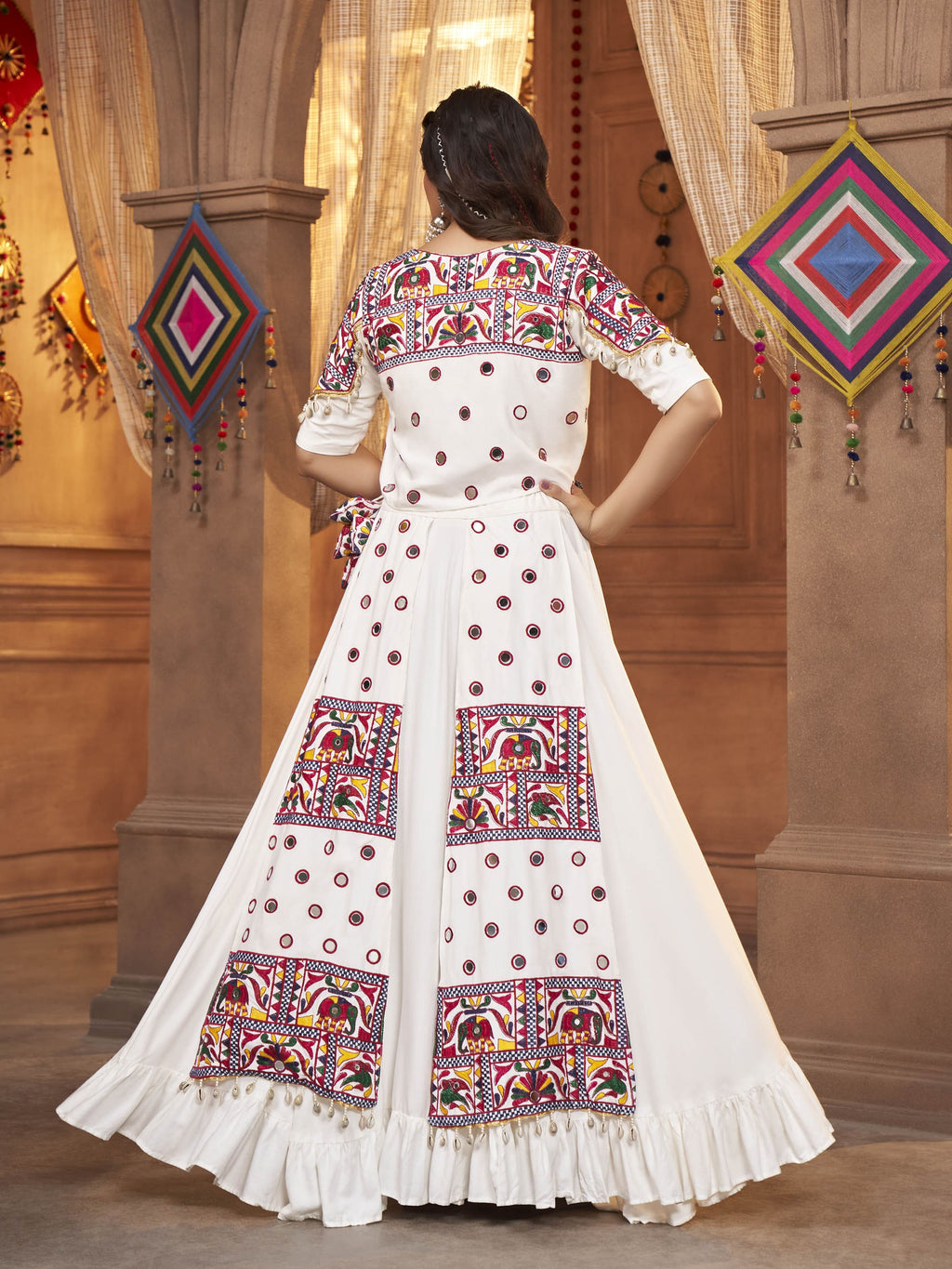 Myra White Koti Style Viscose Rayon Embroidered Designer Navratri Special Lehenga