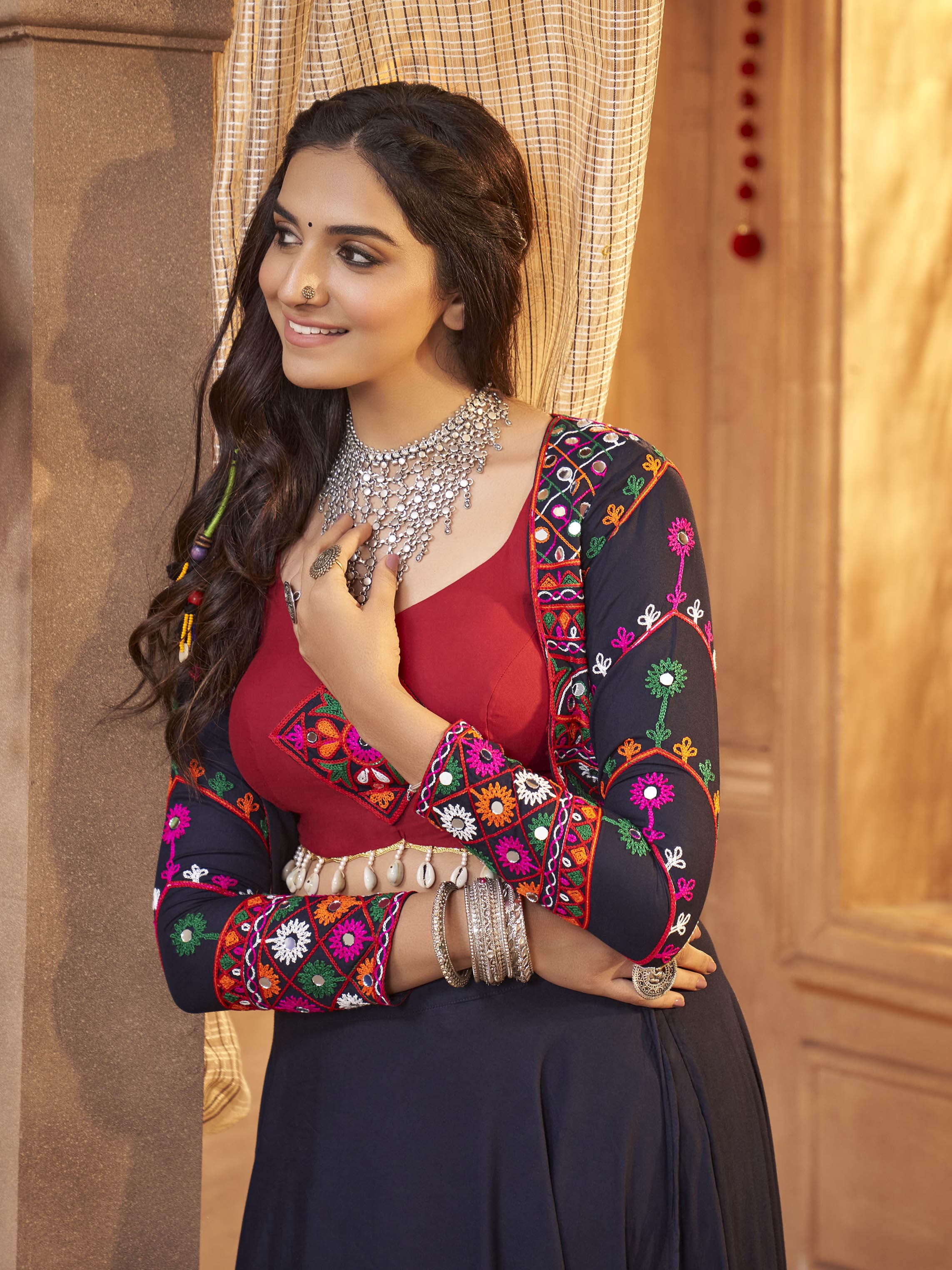 Myra Navy Blue Koti Style Viscose Rayon Embroidered Designer Navratri Special Lehenga