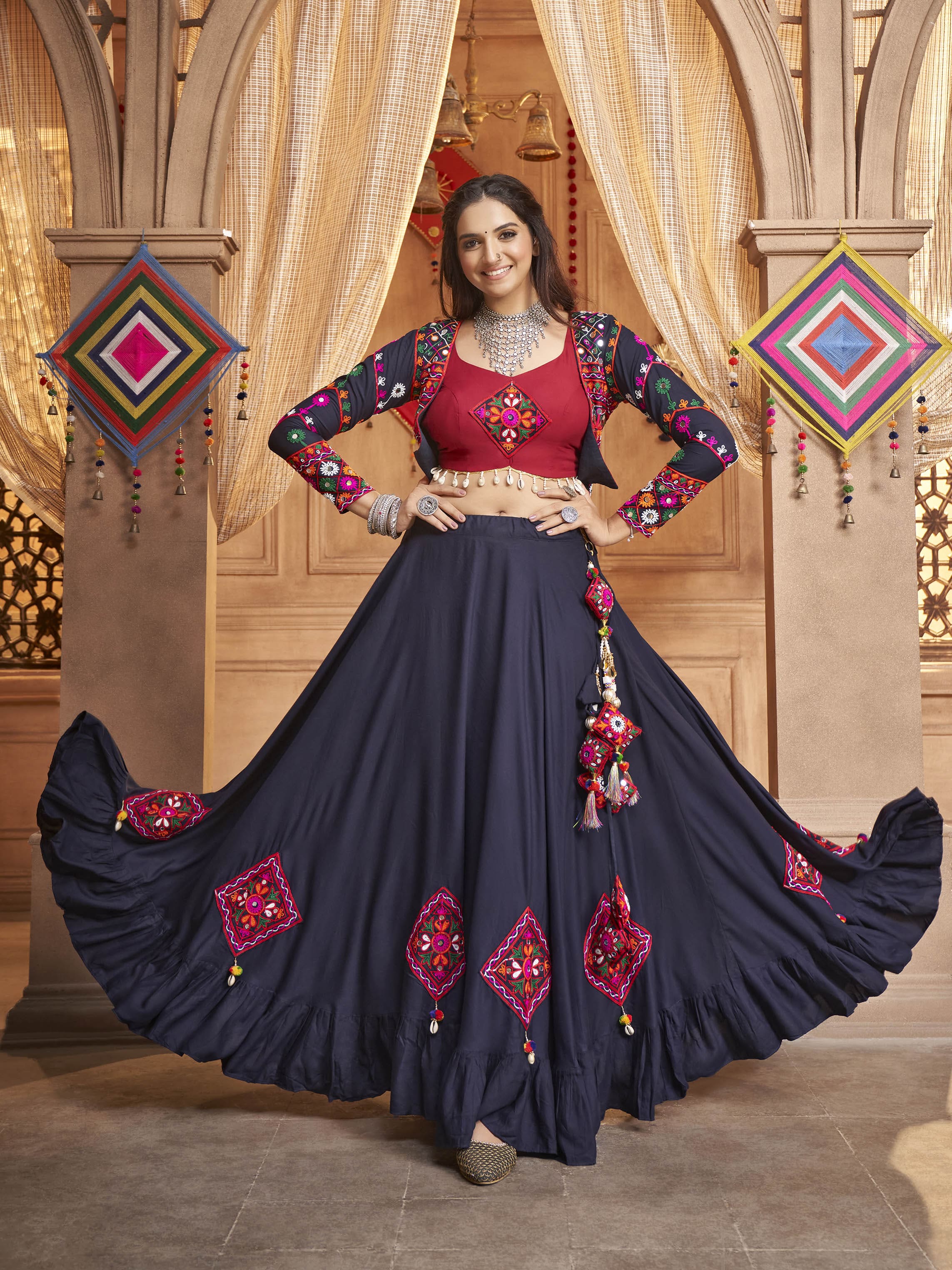 Myra Navy Blue Koti Style Viscose Rayon Embroidered Designer Navratri Special Lehenga