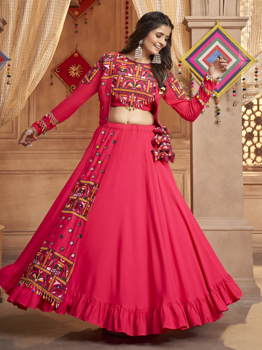 Myra Rani and Pink Koti Style Viscose Rayon Embroidered Designer Navratri Special Lehenga