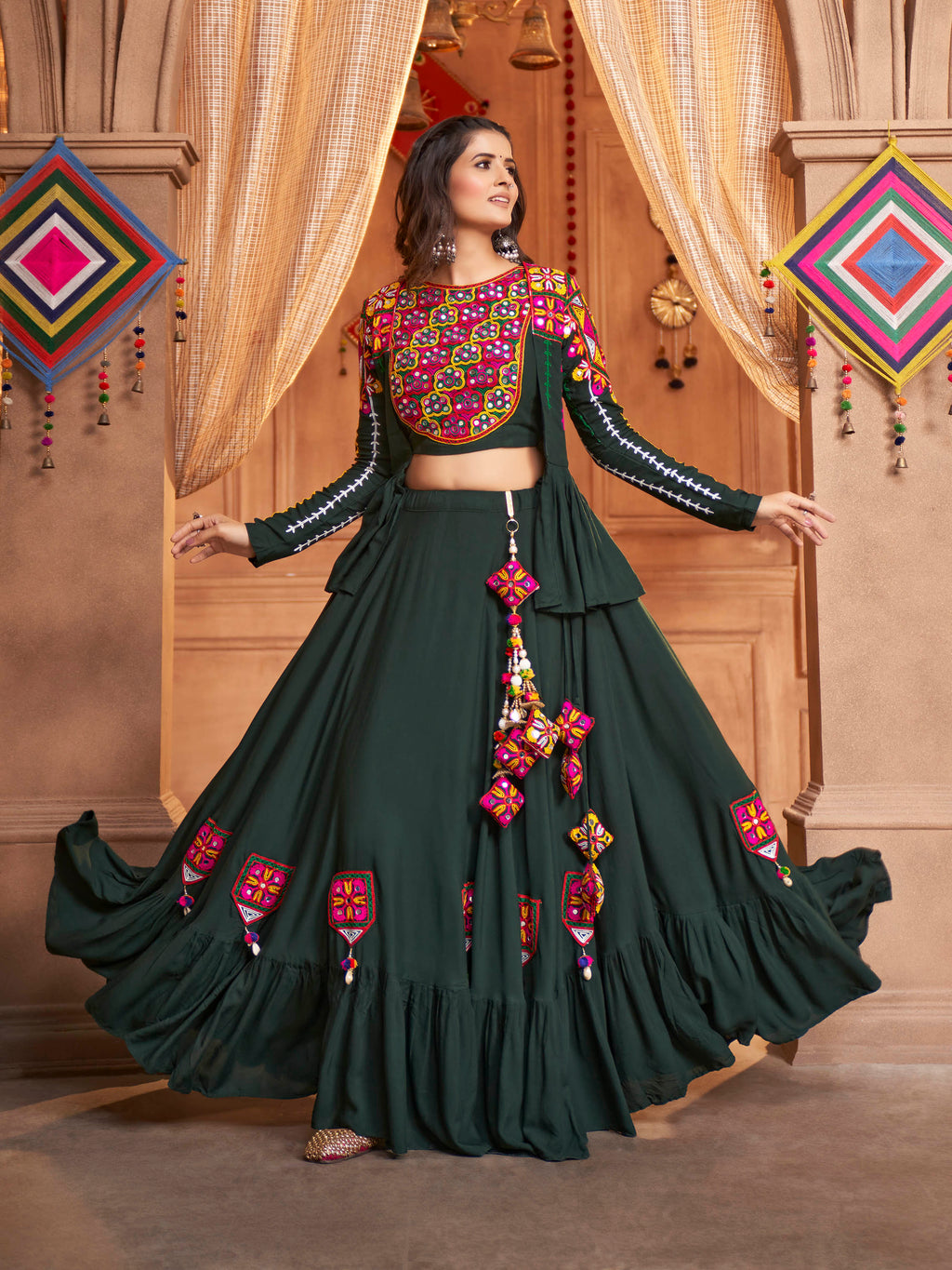 Myra Green Koti Style Viscose Rayon Embroidered Designer Navratri Special Lehenga