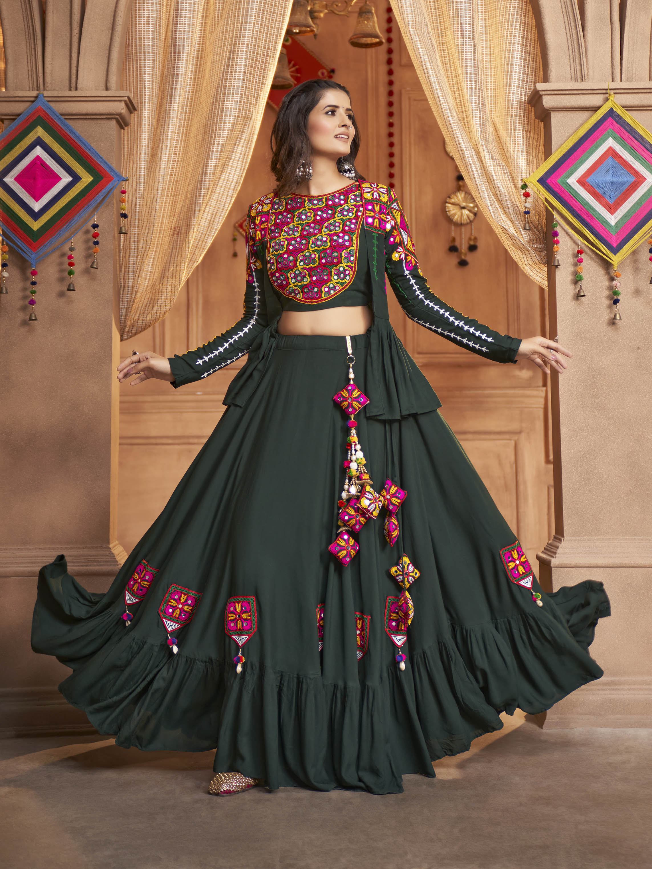 Myra Green Koti Style Viscose Rayon Embroidered Designer Navratri Special Lehenga