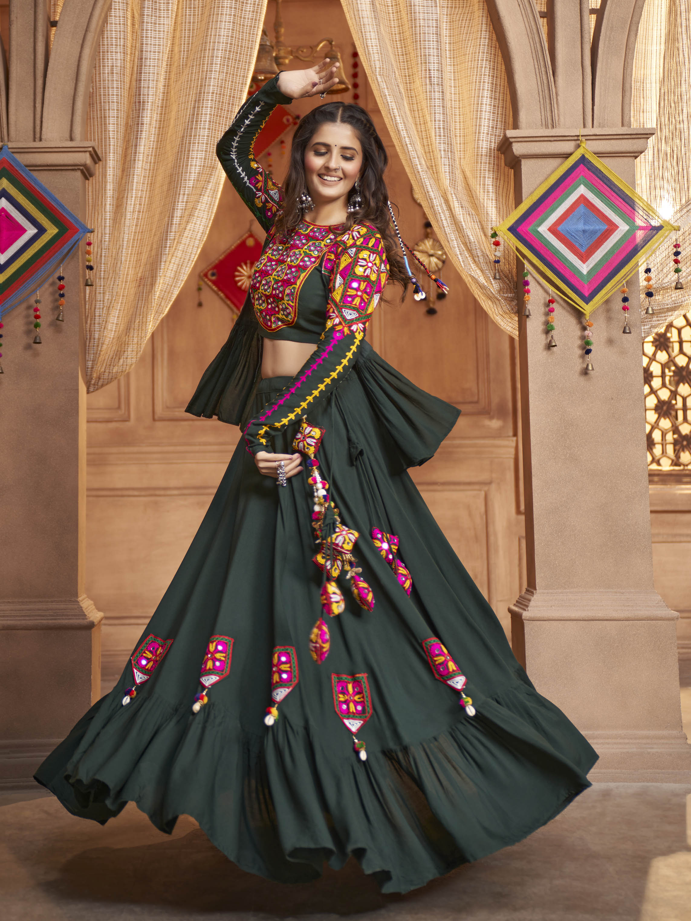 Myra Green Koti Style Viscose Rayon Embroidered Designer Navratri Special Lehenga